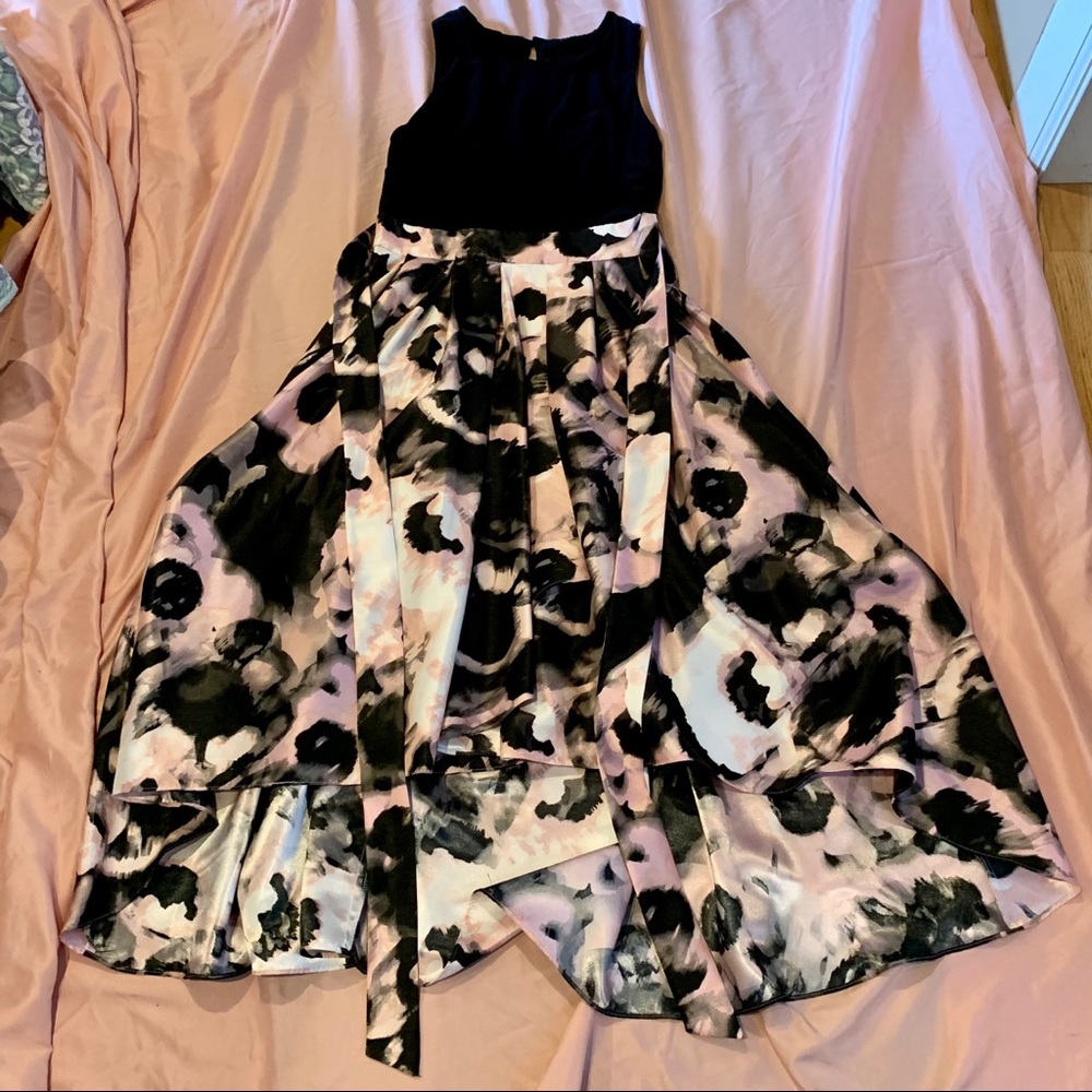 Abstract floral black, white and pink prom dress